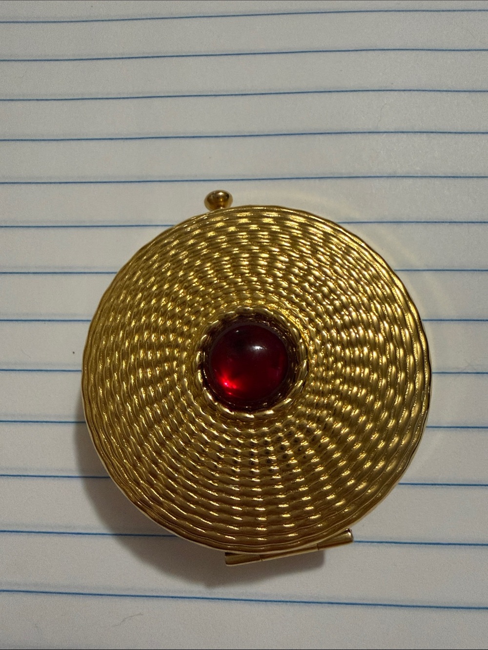 Vintage Este Lauder Mini Compact Gold with Red Cabochon Center ‘Red Sea’